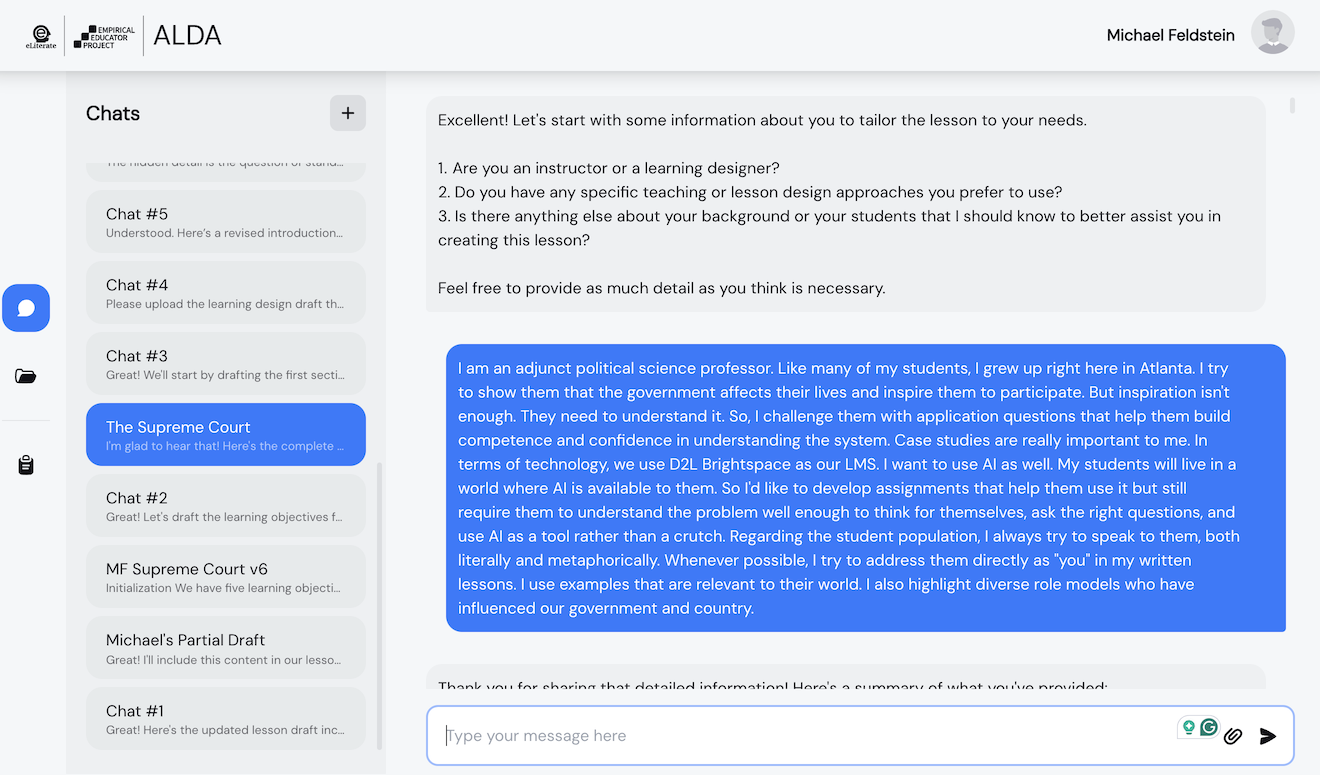 Screenshot of AI Learning Design Assistant (ALDA) project software showing how AI can function as a junior learning designer with general questions learning designers ask their teaching experts.