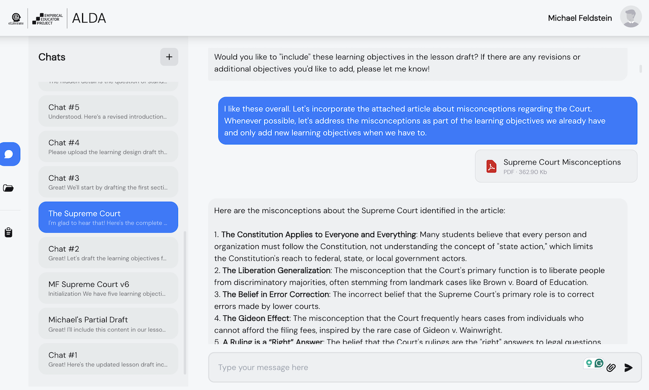 Screenshot of AI Learning Design Assistant (ALDA) project software showing how AI can function as a junior learning designer with more specific questions learning designers ask their teaching experts.