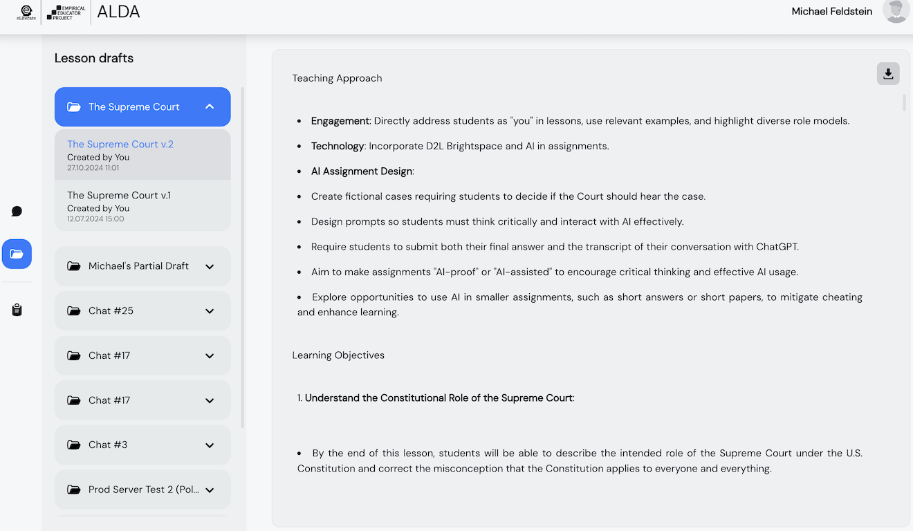 Screenshot of AI Learning Design Assistant (ALDA) project software showing how AI can function as a junior learning designer when the learning designer has built a clear enough mental model that they can draft a useful design document.