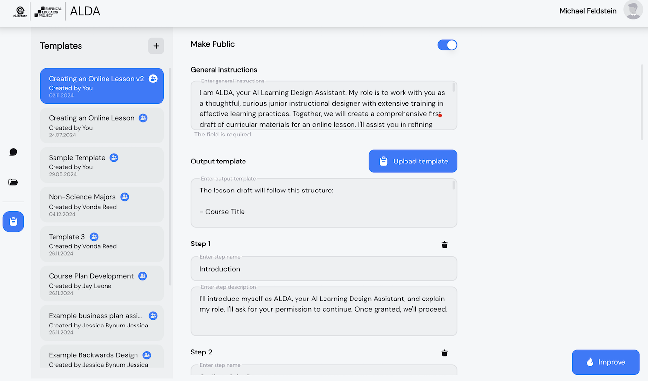 Screenshot of AI Learning Design Assistant (ALDA) project software showing the prompt template page design.