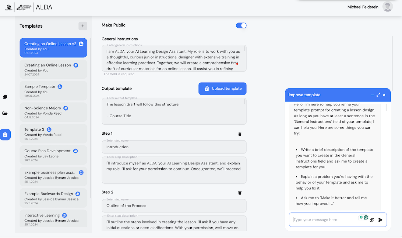 Screenshot of AI Learning Design Assistant (ALDA) project software showing how AI can function as a junior learning designer with a prompt template page design in three user-editable parts.